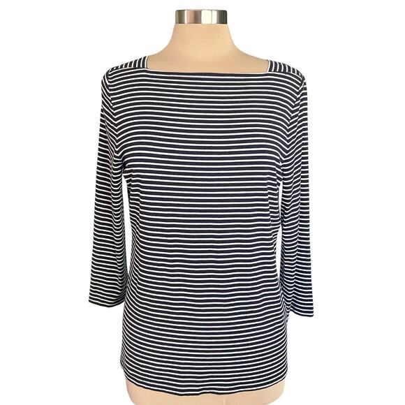 Talbots Navy & White Stripe Knit Top Size L 3/4 Sleeve Nautical Coastal Preppy - Picture 1 of 6